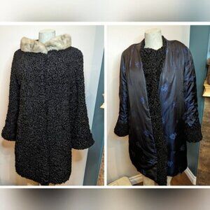 Vintage mid century Reversible Black Persian Wool mink and silk coat Size 12 L